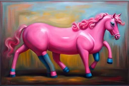 Big pink plastic toy horse.19th painting