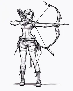 Girl Archer concept art, full body, sketch, coll style, bow