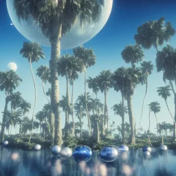 1980's aesthetic vaporwave curvy palm trees with spheres and ufo