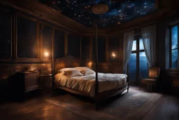 strange evening in vintage bedroom, deep dark colors, old wood floor, old antique bed, pale lights, sharp contours, old balkony, ceiling the galaxy with stars, nightly lights, etheral, stunning, cinemeatic