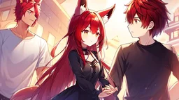 Girl, boy, boy's brown short hair, girl's red hair, boy's bunny ears, girls' fox ears, long tails