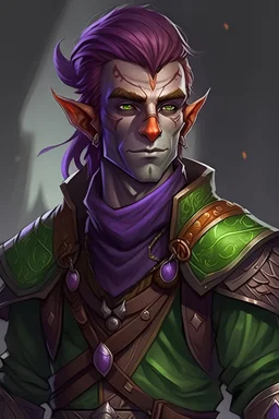 male wood elf, rogue, copper skin, bright green eyes, purple hair, leather armor