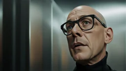 A striking, photorealistic portrait of Chris, a middle-aged european man with a slightly shaven head , wearing black square glasses, black shirta and makes a scared face. The background reveals a futuristic neon light, designed with modern, sleek lines and advanced technology. The overall ambiance gives off a sense of professionalism and cutting-edge innovation., photohigh detalied, sharp focus, professional photo