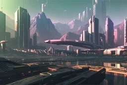 cyberpunk city, sunny day, valley, mountains, sci-fi, epic