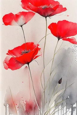 Abstract wet watercolour, bright red grey stalks poppies