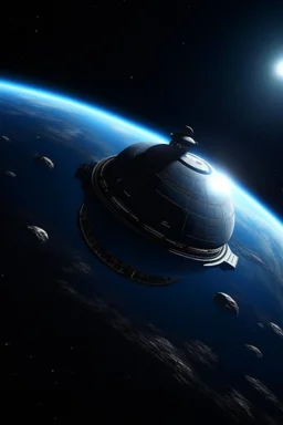 small spaceship floating in space, with a planet behind