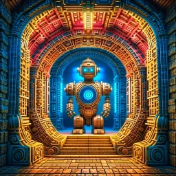 portrait of ancient godlike chat robot in the style of escher, in front of teleporter portal to the sea in an underground grove, 8k, down-light, soft light, depth of field, photo realism, trending on art station, high detail