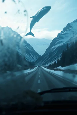 surreal mountain road seen through a dirty truck front window, dirty blue snow and wind, a giant whale hanging in the sky