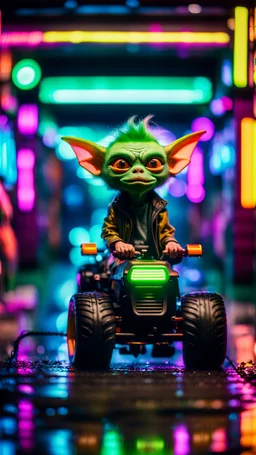 portrait of quickling Hairy Gremlin myth buster pimp ninja yoga cyber punk in flying hipster lawn tractor parked in dark neon lit reflective wet arcade hall tunnel,bokeh like f/0.8, tilt-shift lens 8k, high detail, smooth render, down-light, unreal engine, prize winning