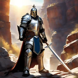The hero, clad in plate armor, his two hands on the hilt of his zweihandsword, stands guard at the narrow passage in the canyon. The sun beats down mercilessly, casting harsh shadows across the rocky terrain. The hero's armor gleams in the sunlight, a beacon of strength and determination. His grip tightens on the hilt of his massive sword, ready to face whatever may come.