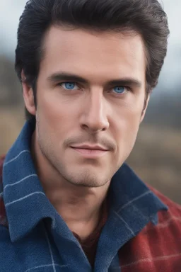 Blue eyes, close-up facial portrait - a Bright, well-lit UHD, 1080p 32k, photograph - winter time, hunting season, part Jesus Christ, part Elvis Presley with a mustache and short crew-cut hair, part Lee Majors, Part red and black checkered wool coat, blue jeans, cowboy boots, plaid shirt, sunbursts, crosses, 3D lighting, diamonds, hearts, Butterflies, Clovers, Roses, extremely colorful,