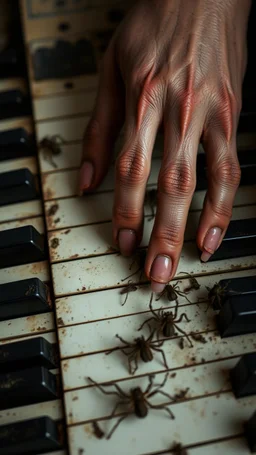 Ugly , Evil rusted hands on an old piano keyboard with spiders on the keyboard