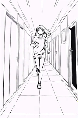 blonde girl runs in a corridor, line arts, manga style