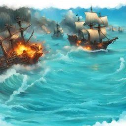 two pirate ships fighting each other at sea. They fire cannons at each other and one ship is hit and burns.