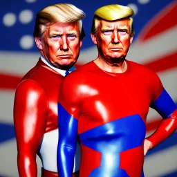 Realistic image of Donald trump super hero, retro style, watchmen style, red and blue breeches, glow confederate flag dress, suspenders, latex material, 80s, vibrant color, highly detailed, sky background, concept art, unreal engine 5, god rays, ray tracing, RTX, lumen lighting, ultra detail, volumetric lighting, 3d, finely drawn, high definition, high resolution.