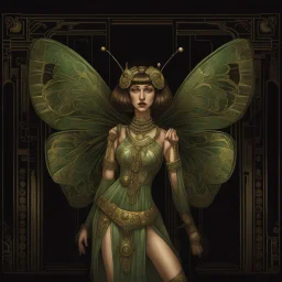 Full body, art nouveau woman with a bob with a fringe hairstyle, Cleopatra clothing, steampunk metal butterfly wings, green markings, black background