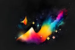 watercolor of abstract shapes black background, rainbow, bright colors, space, stars