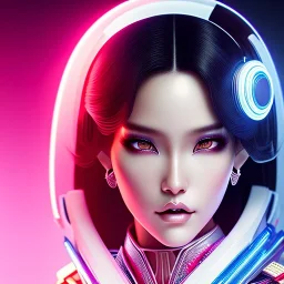 Rosalía, Cyborg anime samurai, cyberpunk, white skin, light black hair, geisha hairstyle, cobalt black eyes, blood in face, waist up portrait, 8k resolution, retroanime, intricate details, neon details, soft lighting, vibrant colors, masterpiece, intricate eyeliner, dark eyeshadow, eyes, intricate tattoos, gradient background