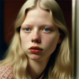 Platinum Blond Actress Mia Goth, 1970s,there are freckles on her cheeks, no eyebrows, pouty lips, red cheeks and nose, wierd face, polaroid