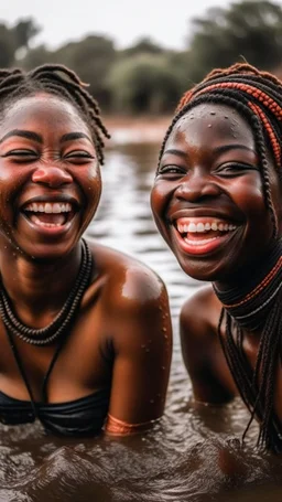 Two African women, laughing while swimming in muddy lake