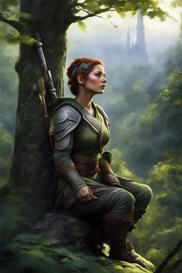 [Endor, tattooed woman warrior, battleaxe] Afrey kneels watchful upon her chosen branch high above the city. Soft glows through the leaves below speak of hearths lit and eyelids growing heavy as the Ewoks within ready themselves for sleep. But she will keep her mantle of guardian a while longer yet. With subtle shifts and flickers, the tattoos adorning her frame seem to writhe in the dimness like nothing so much as the vines and branches around her. Great serpents and ravens curl in tune to some