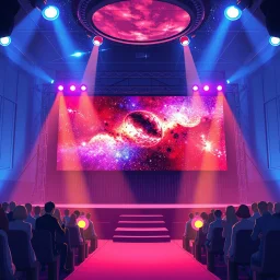 poster for a party with anime music videos galaxy theme stage with big screen