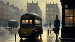 London street, style John Atkinson Grimshaw, extreme realism, beautiful render, clear lighting, chiaroscuro, extremely detailed, photographic quality, believable