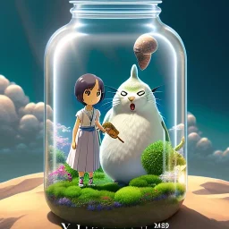 A studio ghibli characters in a jar floating, super high resolution, professional photograph, in focus, beautiful detail, professional digital art, stunning 4k, volumetric light, Award-winning photograph, photography, tokio background