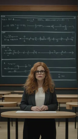 Empty amphitheater [snapshot of Russian Doll TV series by Natasha Lyonne, Leslye Headland, and Amy Poehler, (2019)] In front of the blackboard with complex mathematical probability formulas and functional curves, an empty amphitheater