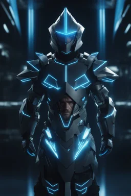 neon blue, flying parts of armor in form of triangles, cyber armor, geometric patterns on armor, male, orbiting triangle, armor drones