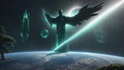 matrix universe, space, planets, god creation, angels from other dimensions with beautiful wings, trees on the planet, behind green crystals of light, few tiberium monolith deposits on the planet near tree,