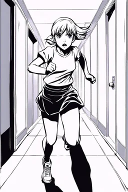 blonde girl runs in a corridor, line arts, manga style