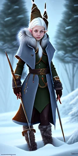 Cute and adorable elven adventurer with small pointy ears dressed in a warm overcoat with survival gear on a winters day, Cedric Peyravernay Art, anthropomorphic --ar 2:3 --beta --upbeta --upbeta