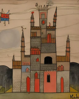 A sinister looking chaotic castle painted by Paul Klee