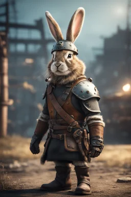 portrait of fast historic viking rabbit with hornet viking helmet & boots in fallout 4 setting, bokeh, downlight, prize winning, depth of field, in the style of ivo caprino