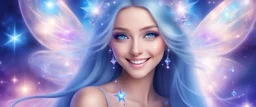 in the middle of the image there is a little beautiful bright fairy cosmic women with cosmic long straight hair, crystal jewel and dressed with a magic crystal suit. she has light make up and a sweety smile. she has a magic bright ray over the head