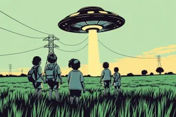 bumper sticker design, westall in bold heading text ufo 1966, lots of school children looking up in a field with high voltage powerline and gumtree's, mysterious cool, bold