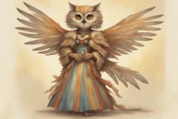 Jean-Baptiste Monge style. Full body of a humanoid biomorph kitten-owl faced woman. Vibrant, colorful. A furry striped dress, covered with owl feathers, in sunshine