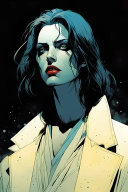 create a hardened, mercenary vampire girl, finely defined and sharply lined facial features in the comic book art style of Mike Mignola, Bill Sienkiewicz and Jean Giraud Moebius, , highly detailed, grainy, gritty textures, , dramatic natural lighting