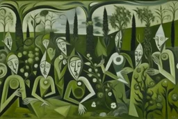 An olive green garden of nightmares painted by Pablo Picasso