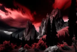 mountains, a gloomy rocky landscape, cypresses stretching up in the foreground, rocks and a bloody sky in the background