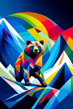 grizzly bear on skis with mountains in background in a cubism style with a lot of bold colour in a round shape