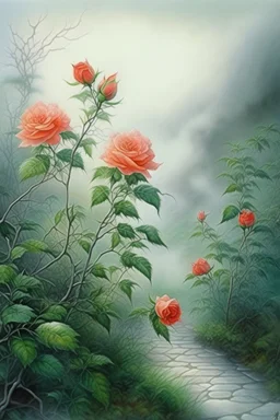 81. Watercolor, double Chinese rose bush, ultra-detailed, morning, rain, greenery, beautiful landscape, fog, many details, delicate sensuality, realistic, high quality, 3d, work of art, hyperdetalization, filigree, foggy haze background, hyperrealism, professional, transparent, delicate pastel tones, back lighting, contrast, fantastic, unreal, translucent, glowing, clear lines, epic fabulous, fabulous landscape, hyperrealism