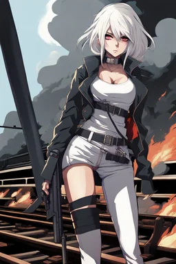 close-up gothic anime girl, white hair, tight outfit with gun on thigh, standing on a train track, smoke and fire surroundings, she is dull and dark, looks determined , train approaching behind her, anime manga style