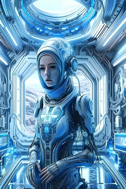 high quality, 8K Ultra HD, high detailed human-cyborg hybrid woman hijaber indonesia, full body, in the background is the interior of a spaceship,big window,cybernetic, cable electric led wires,light blue, microchip,anatomical,polished,porcelain,ultra detailed,ultra realistic,extremely realistic,intricate,epic composition,H.R. Giger style