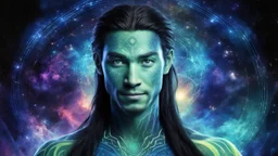 beautiful gorgeous young man na'vi with long hair, Avatar, blue skin, two small ears, green eyes, black hair, in cosmic suit, galactic ambiance, medium pointy goatee , smiling, nebulas and sacred geometry light figures on the backgroud,