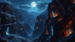 Fantasy canyon landscape bathed in moonlight, glowing crystal formations embedded in the cliffs, stock photography realism with magical elements