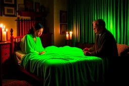 a knitted girl sitting on a bed and vomiting green lines, an exorcist priest standing next to her bed in a room in candlelight at night