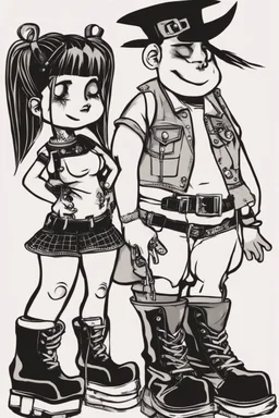 young 33 year old chubby tatood girl and a 25 years old boy, dressed in gothpunk clothing and boots,