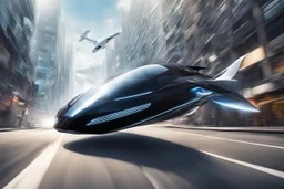 A sleek air car, flying above a futuristic street